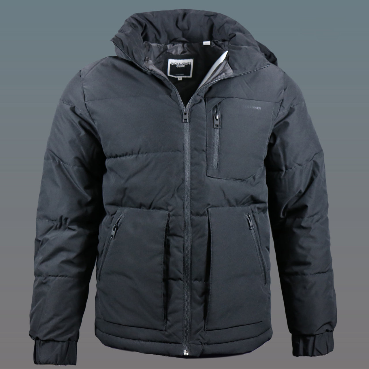 The Jack And Jones Jet Black Puffer Jacket With Hidden Pocket | Black Puffer Jacket