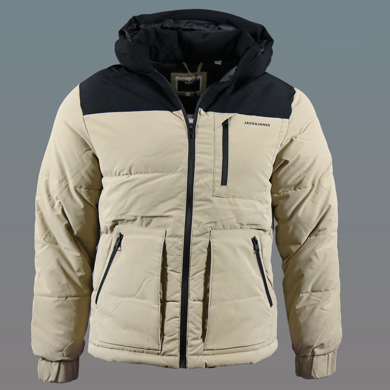 The Jack And Jones Dune Puffer Jacket With Hidden Pocket | Black and Tan Puffer Jacket