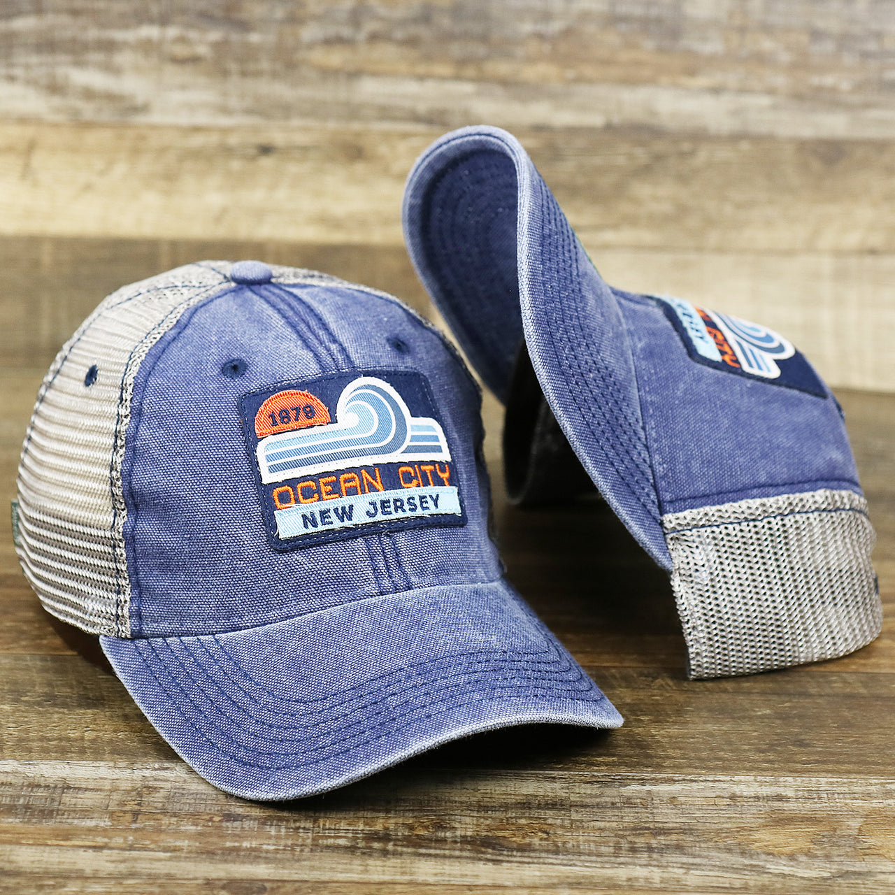 The OCNJ 1879 Ocean City New Jersey Wave Denim Inspired Trucker Hat | Navy And Khaki Mesh Trucker Hat