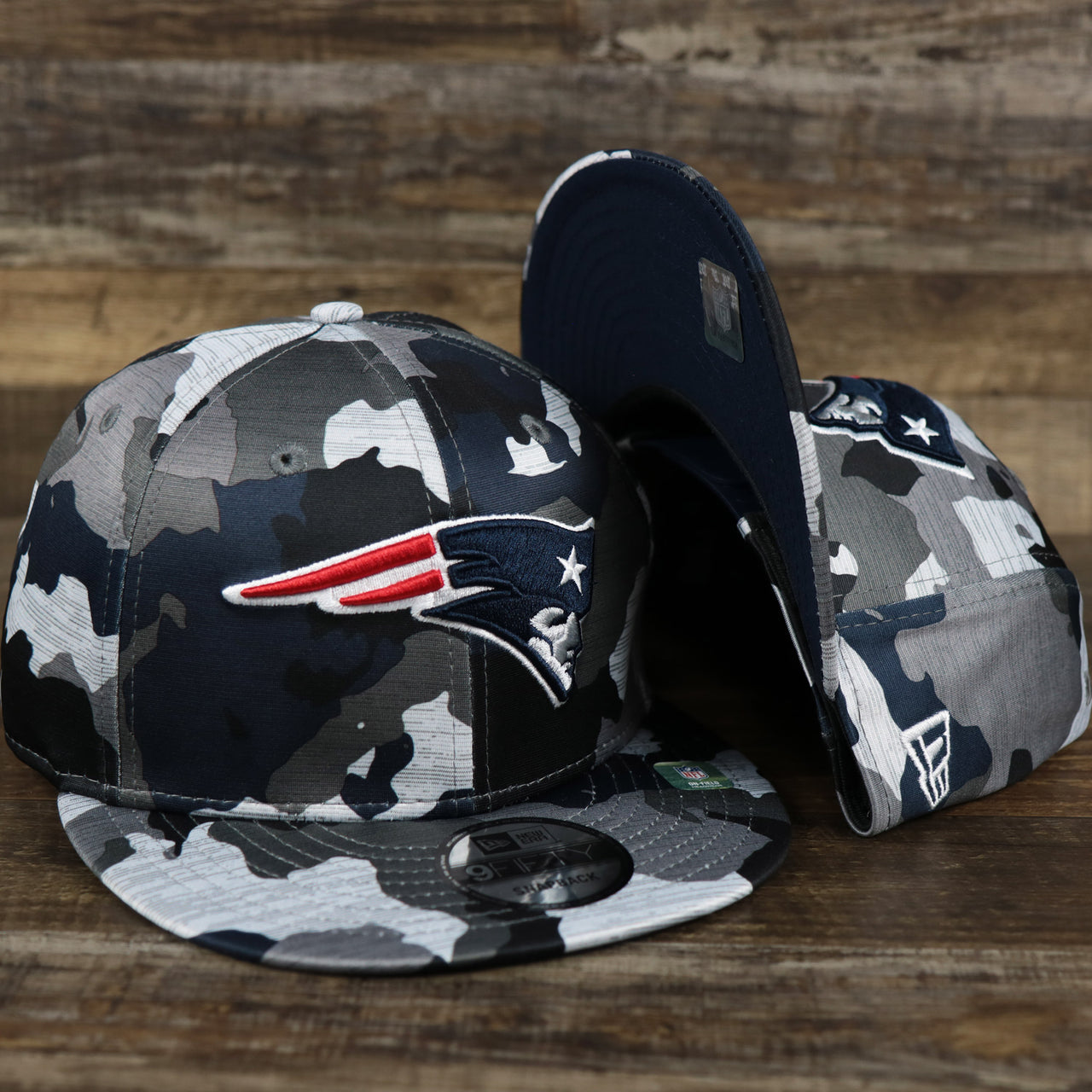 The New England Patriots NFL OnField Summer Training 2022 Camo 9Fifty Snapback | Navy Blue Camo 9Fifty