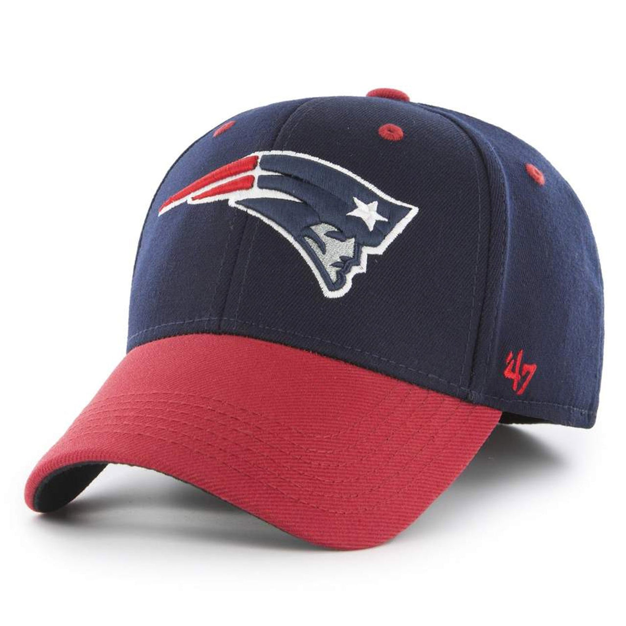 The new england patriots one size fits all stretch fit cap has a navy blue structured crowna nd a red bent brim with the new england patriots logo embroidered on the front in red, white, and blue