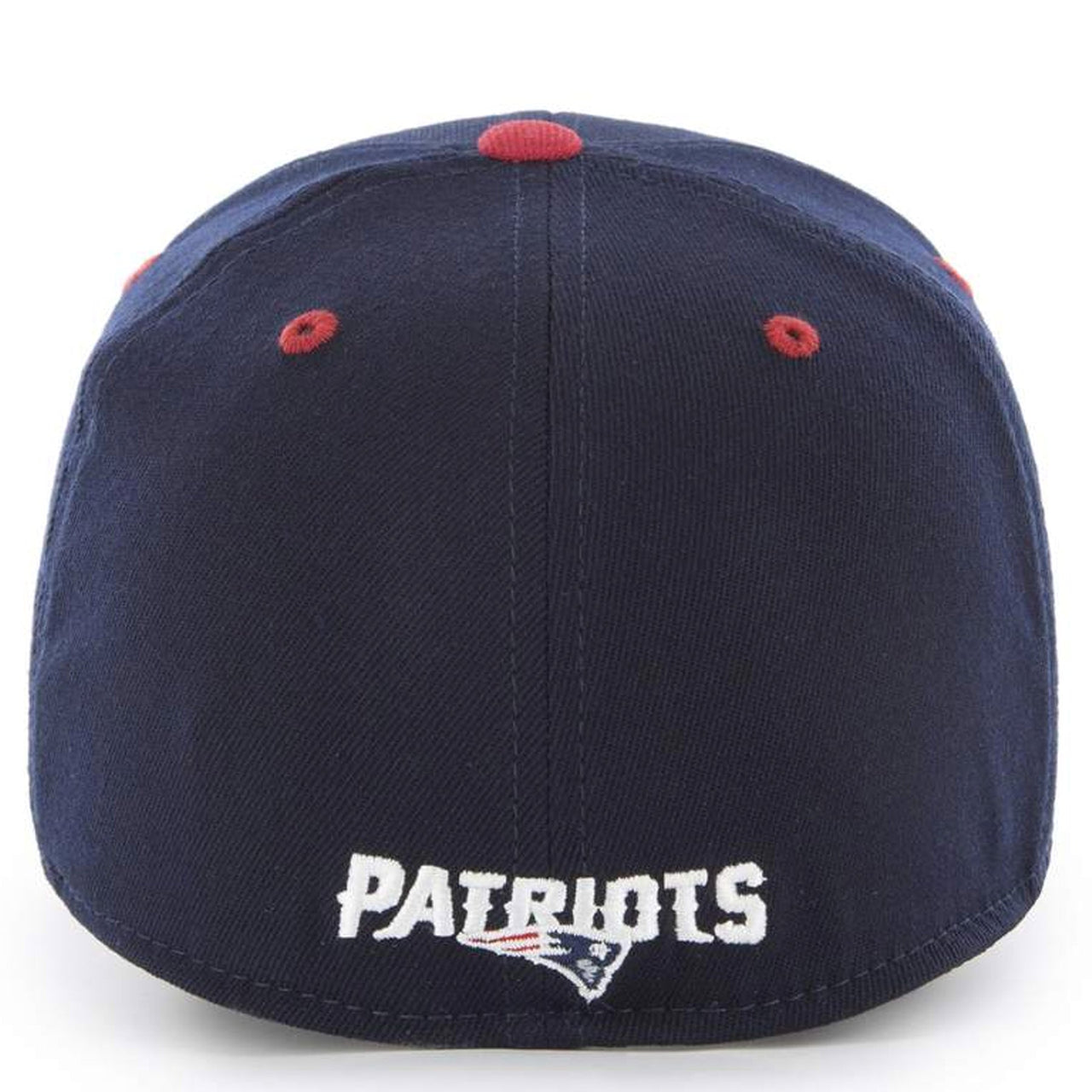 on the back of the new england patriots stretch fit cap is the patriots wordmark embroidered in white
