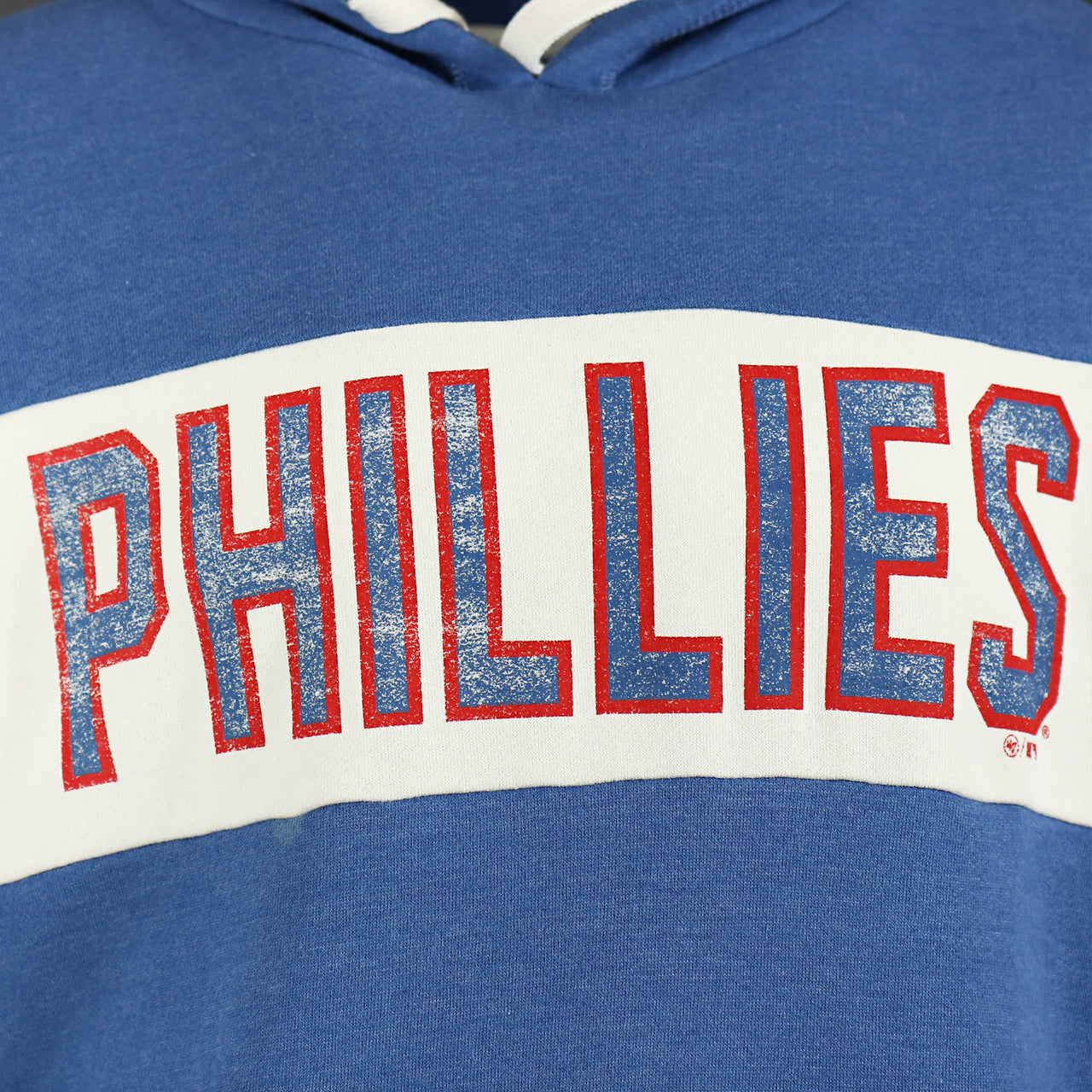 phillies wordmark on the Distressed Philadelphia Phillies Wordmark Pull Over Hoodie With Phillies Logo | Cadet Blue Pullover Hoodie