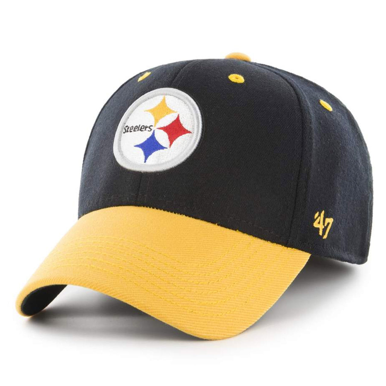 Embroidered on the front of the Pittsburgh Steelers one size fits all stretch fit cap is the Steelers logo in white, yellow, red, blue, and black