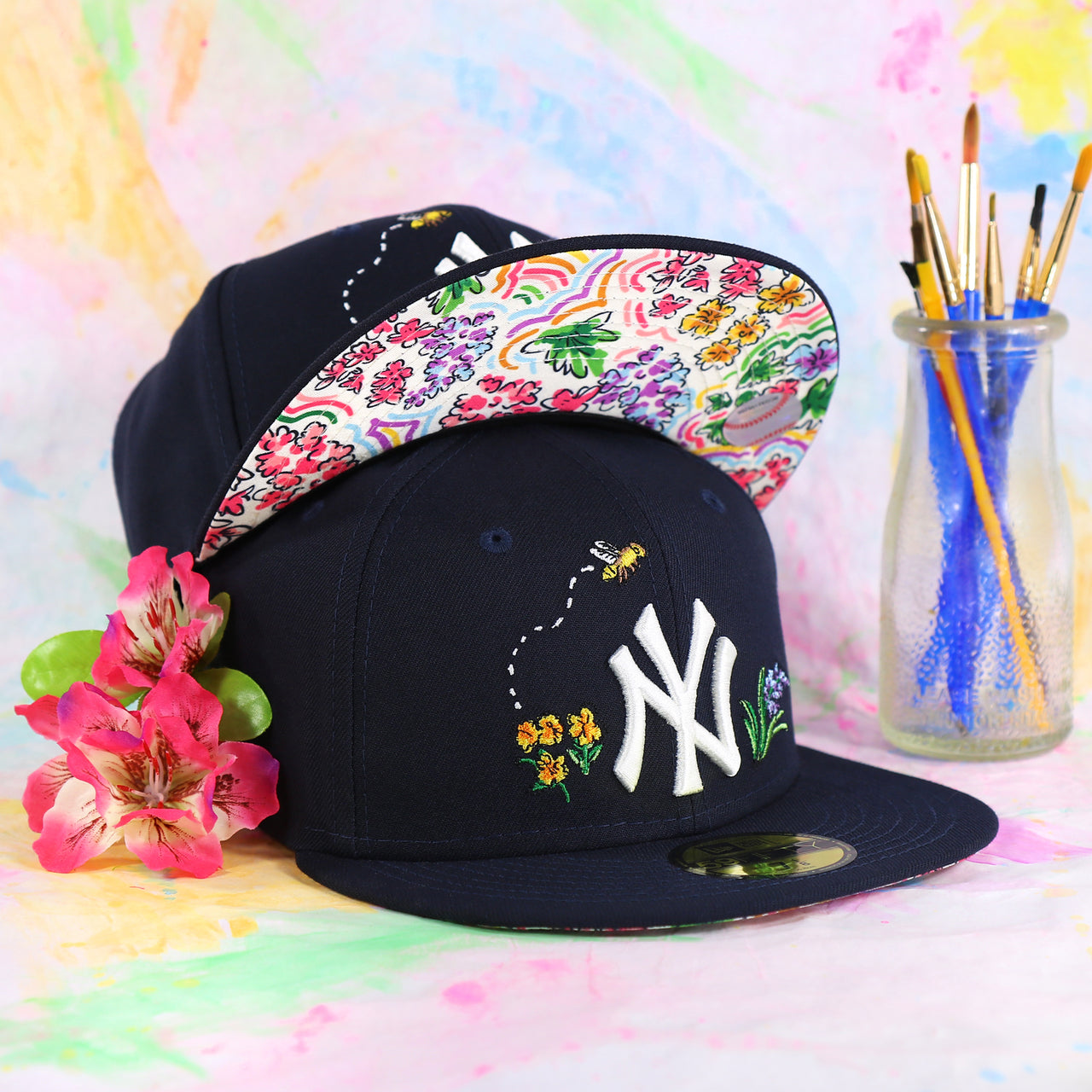 New York Yankees Floral Print Undervisor Spring Embroidery 59Fifty Fitted Cap | Navy Blue 59Fifty Cap