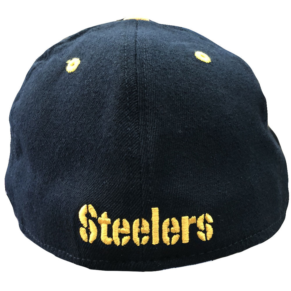 the back of the pittsburgh steelers stretch fit cap features the Steelers wordmark logo embroidered in yellow