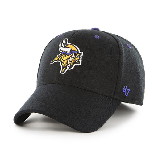 Embroidered on the front of the Minnesota Vikings black stretch fit cap is the Minnesota Vikings logo in yellow, tan, white, and purple with the '47 brand logo embroidered in purple on the left side