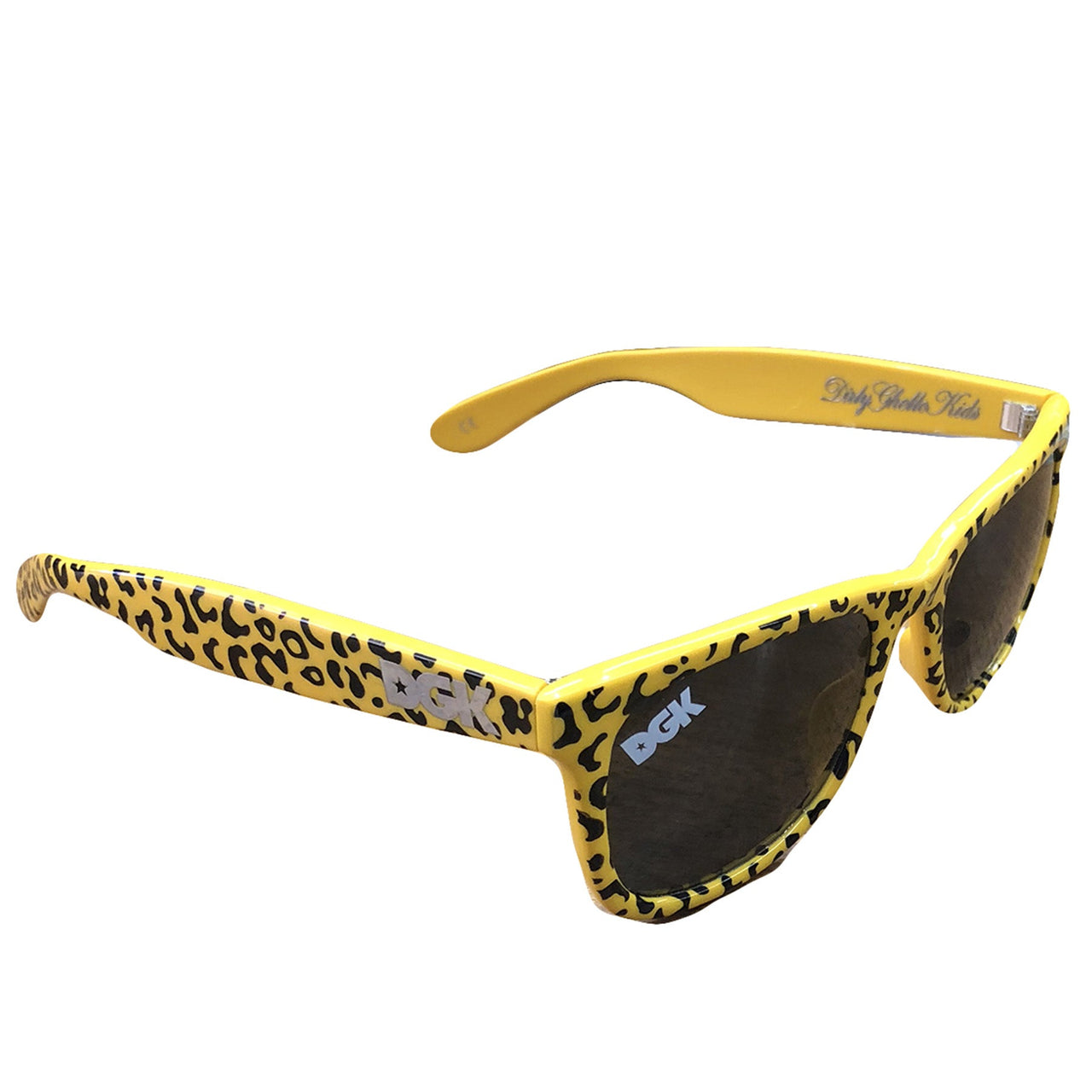 on the top right corner of the dgk yellow cheetah print sunglasses frame is the dgk logo in white