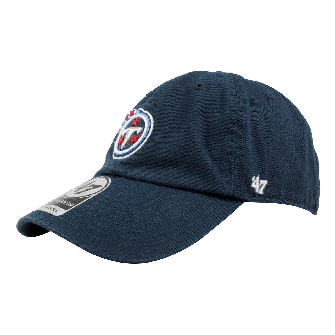 on the left side of the tennessee titans dad hat is a '47 brand logo embroidered in white