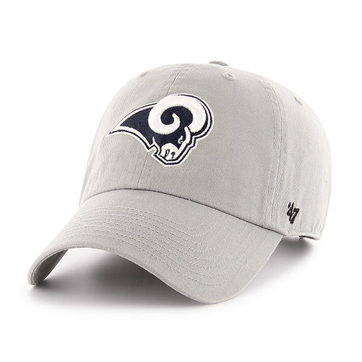 embroidered on the front of the los angeles rams gray dad hat is the rams logo in navy blue and white