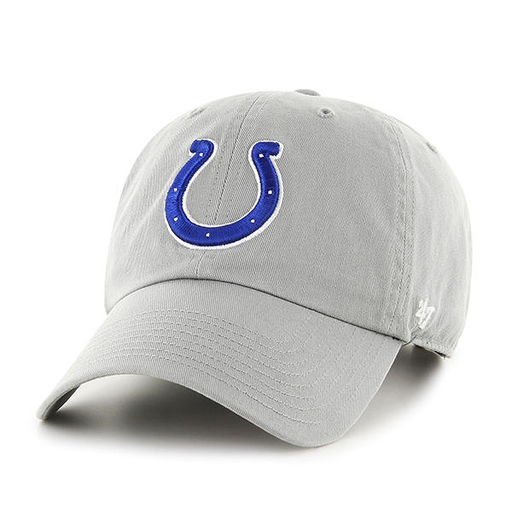 embroidered on the front of the indianapolis colts dad hat is the colts logo embroidered in blue and white