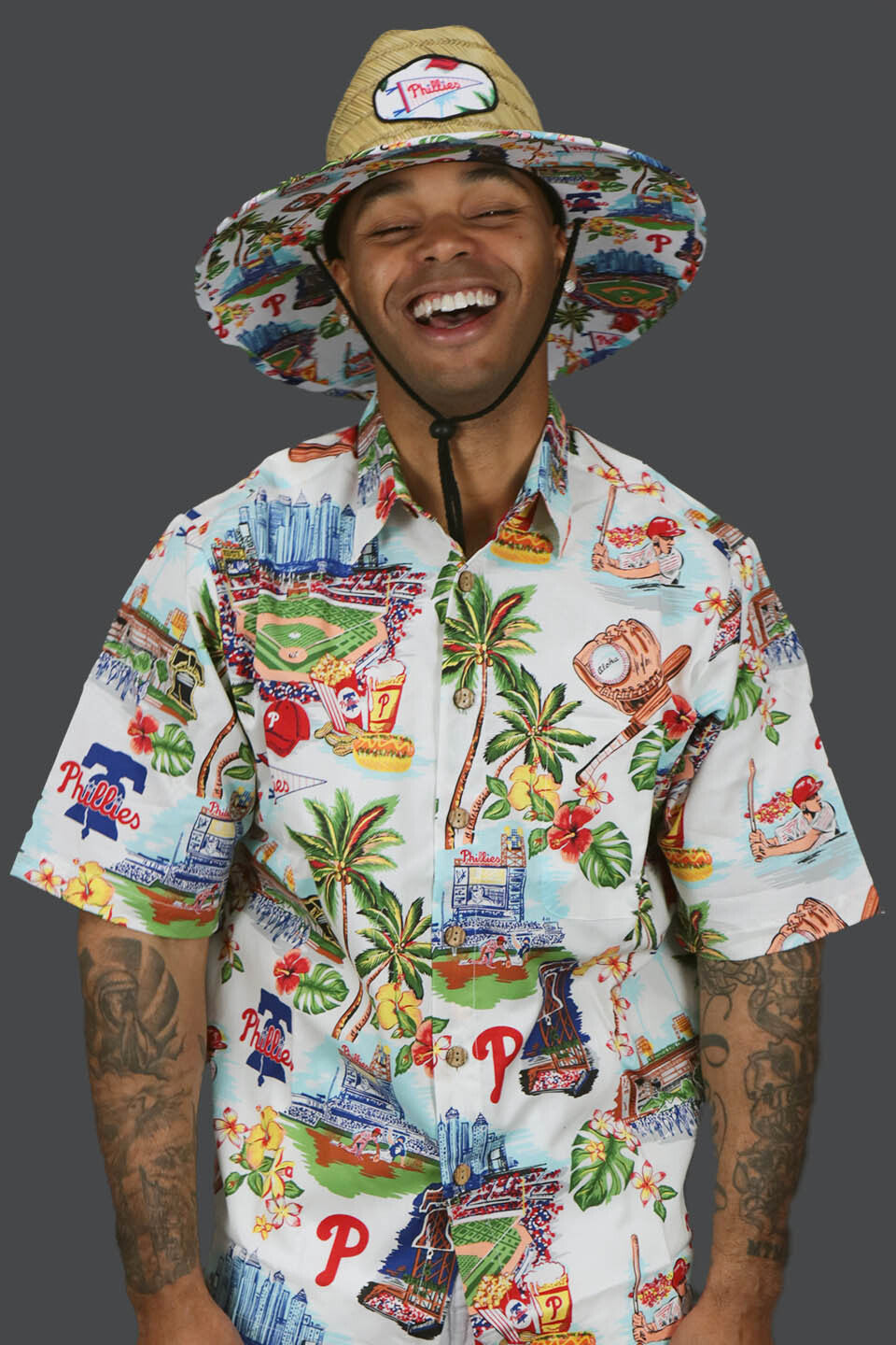 The front the Philadelphia Phillies Authentic Hawaiian Print Polo Shirt