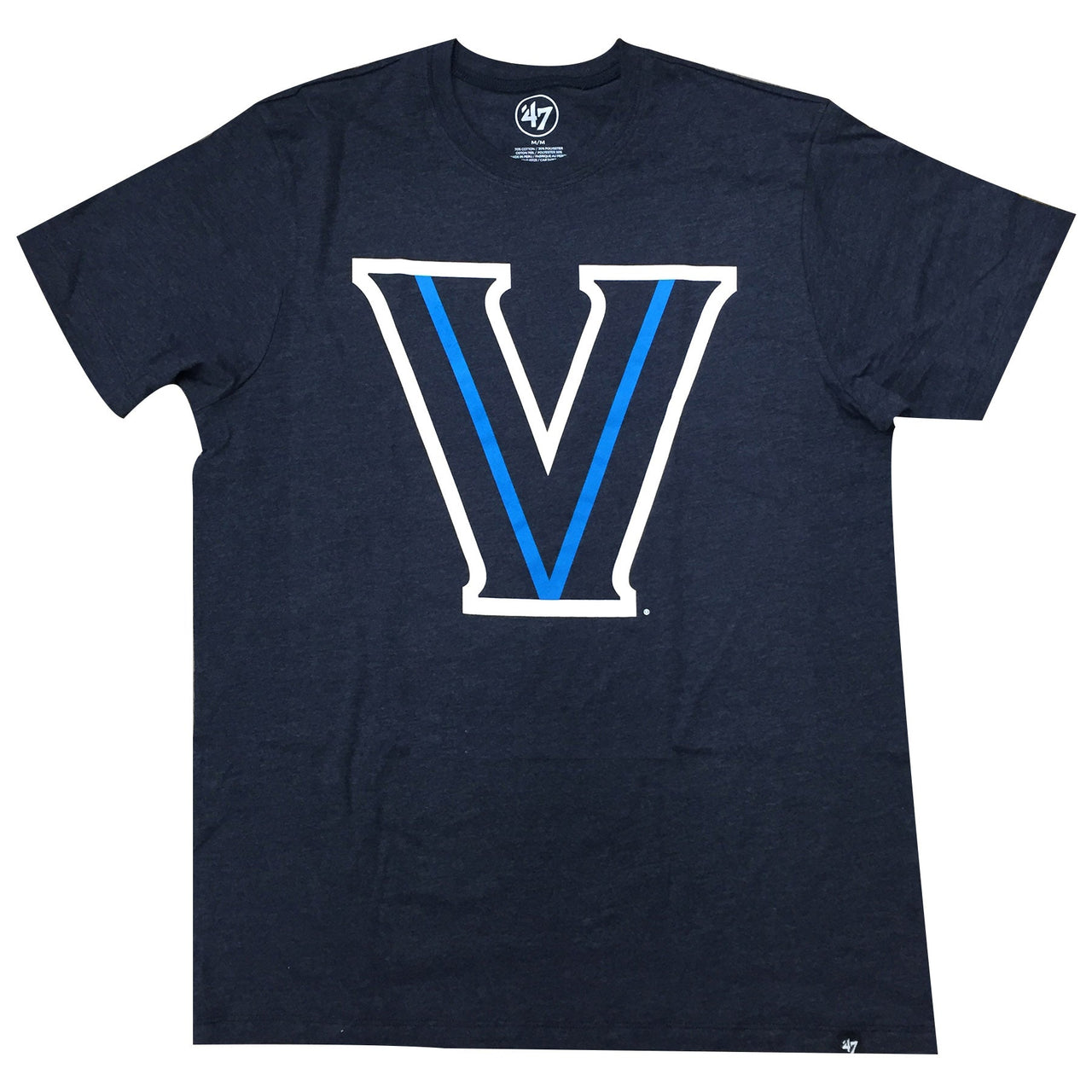 the navy blue and heather villanova t-shirt is navy blue with a villanova logo printed in light blue and white