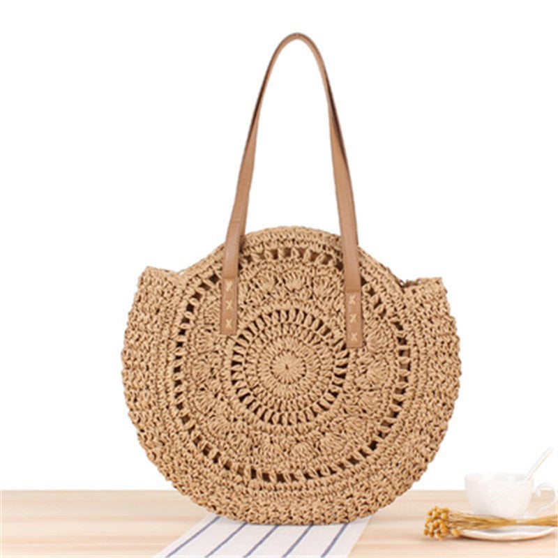 Large Capacity Round Zipper Fashionable Straw Woven Bag Handmade Summer Beach Travel Holiday Women Bags