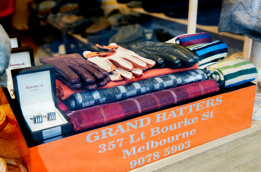 Aaron Cheung gloves Fortis Green socks and Seroussi cufflinks at Grand Hatters store 357 Little Bourke Street Melbourne Victoria 