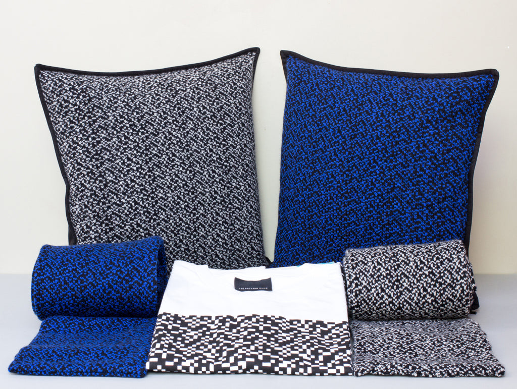The Pattern Guild Collection 2013 knitted cushions and scarves in glitch pattern
