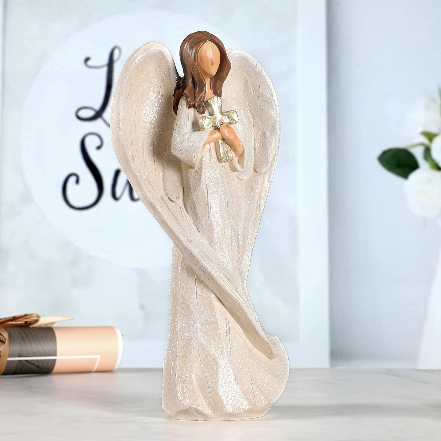 Hodao 8.9inch Resin Praying Angel Figurines for Gifts Home Decorations(Holding the cross)