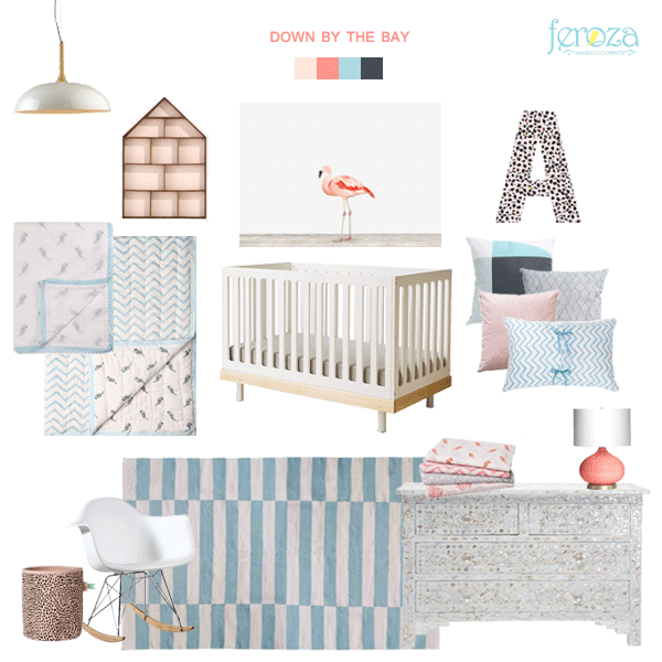 Beautiful fresh nursery mood board in aqua, coral, blue and ornage