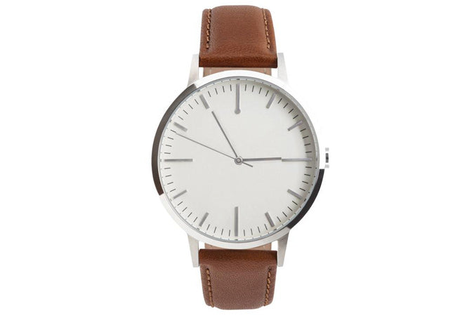 Silver and Tan Mens watch - Minimalist Simple Timepiece - Fashion Beans - Freedom To Exist