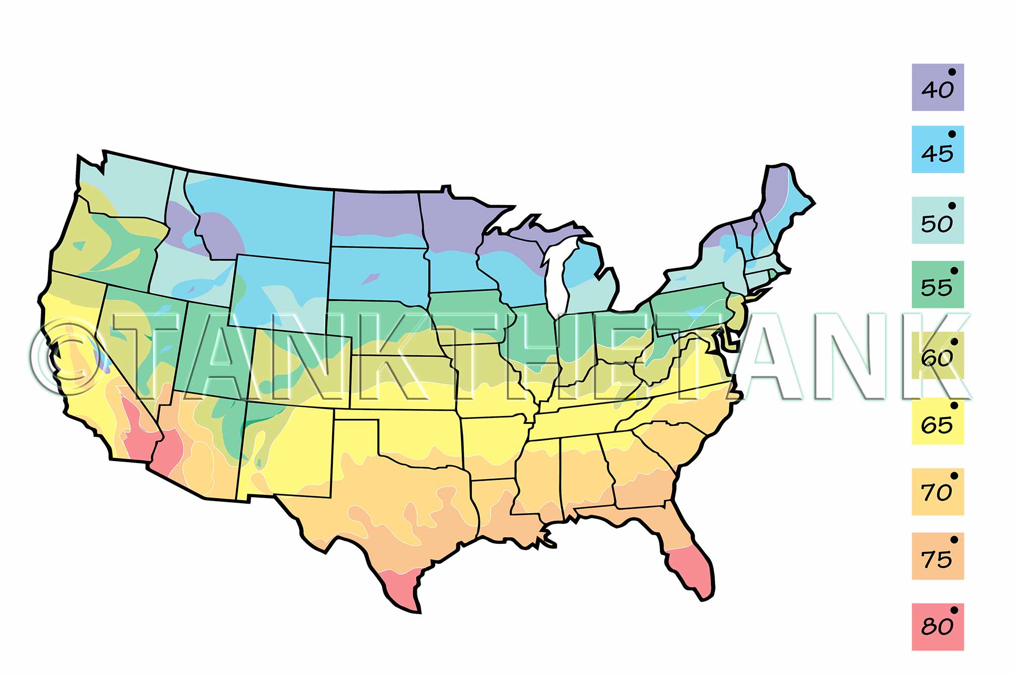 Color coded map of the United States showing average incoming water temperature.