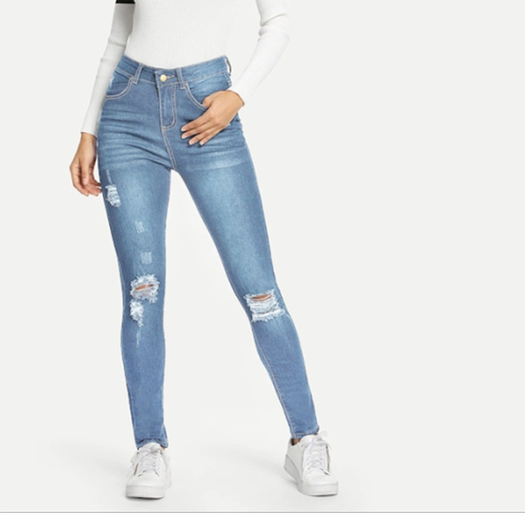 Slim Fit Ripped Skinny Jeans-Light Blue –