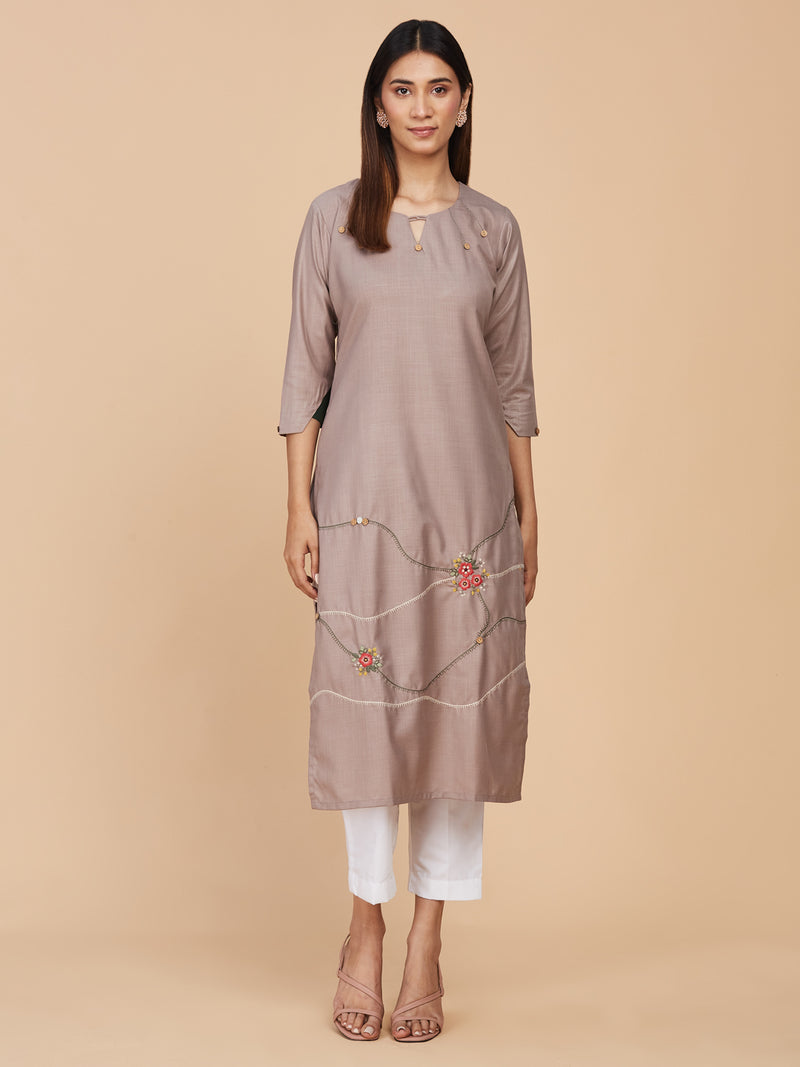 Light Brown Cotton Kurti With Delicate Embroidery – Laakhi