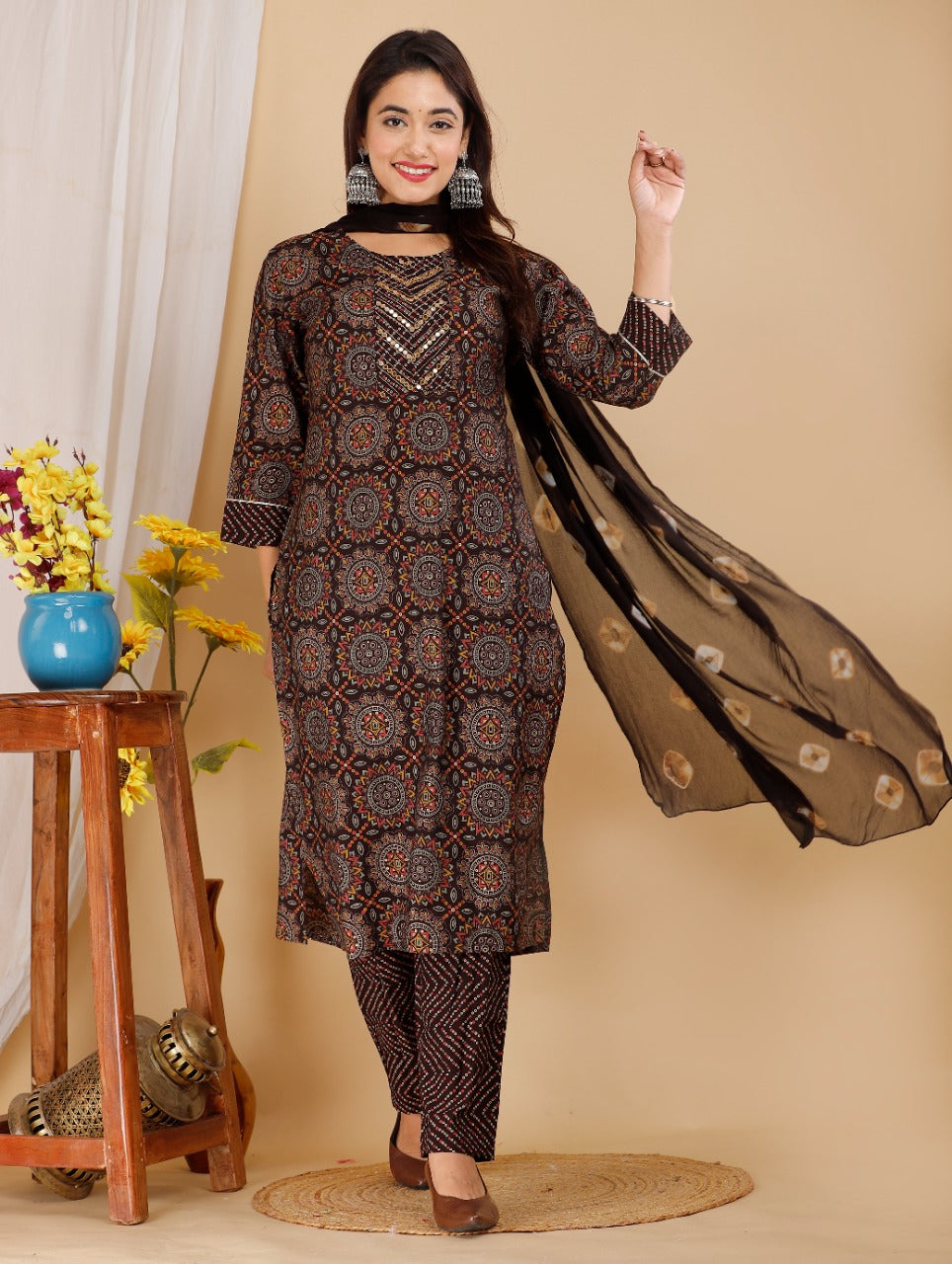 Girbana Chanderi Brown Printed Adda Work Kurti Pant & Tye Dye ...