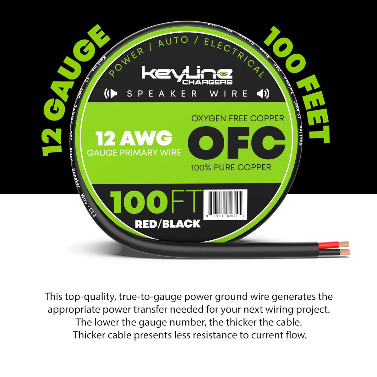 12 Gauge Speaker Wire - 100 Feet Black| 12-2 AWG Gauge - Outdoor Speaker Wire, CL3 CL2 Rated for in Ground Burial & in Wall / 2 Conductors - Marine Speaker Wire OFC Oxygen-Free Copper, Black 100ft