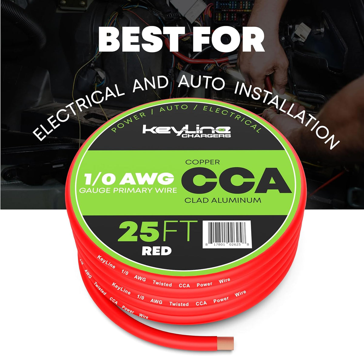 1/0 Gauge Wire - 25ft Red | 1/0 Gauge Amp Wire, Battery Cable, Marine Speaker Wire, Solar Cables for RV Trailer, Car Audio Speaker Cable, 8 AWG Automotive Wire Copper Clad Aluminum (CCA)