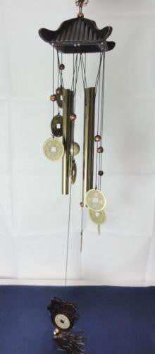 WIND CHIME LUCKY COINS CHINESE WOODEN PAGODA & BRASS TUBES & BELLS ELEPHANT W30 