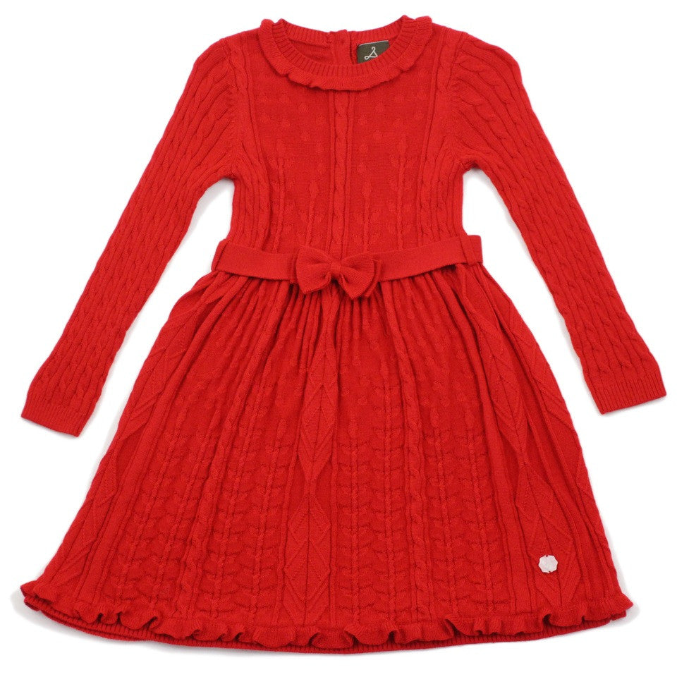 Red Floral Stitch Wool Blend Dress With Belt