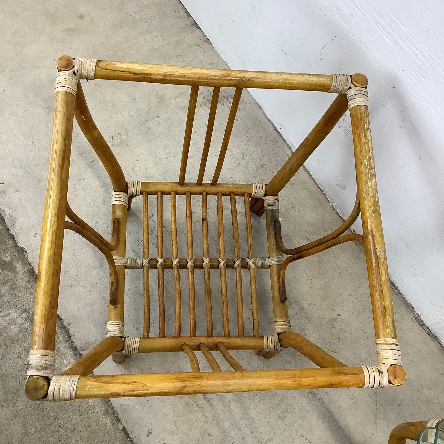 Pair Vintage Modern Bamboo Glass Top Boho End Tables