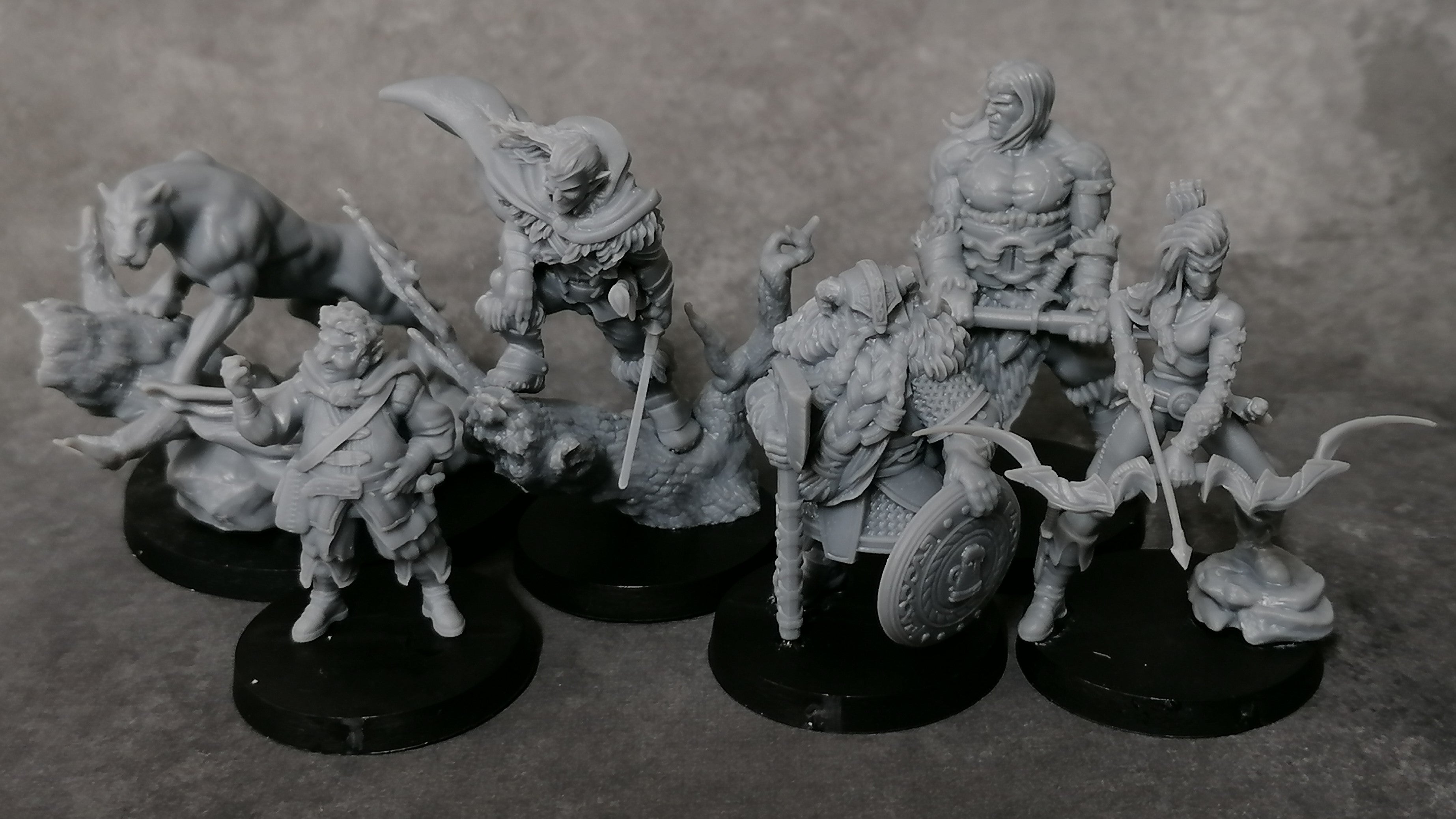 A set of miniatures of the Heroes of the Dale in unpainted resin with support material removed. The models represent Drizzt Do'Urden, Bruenor Battlehammer, Wulfgar, Regis, Catti-Brie and Guenhwyvar