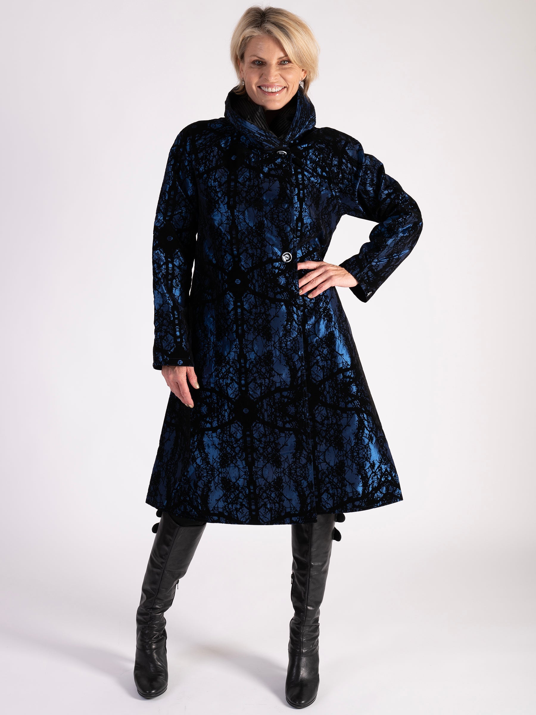 Navy Flock Baroque Pleat Collar Reversible Raincoat