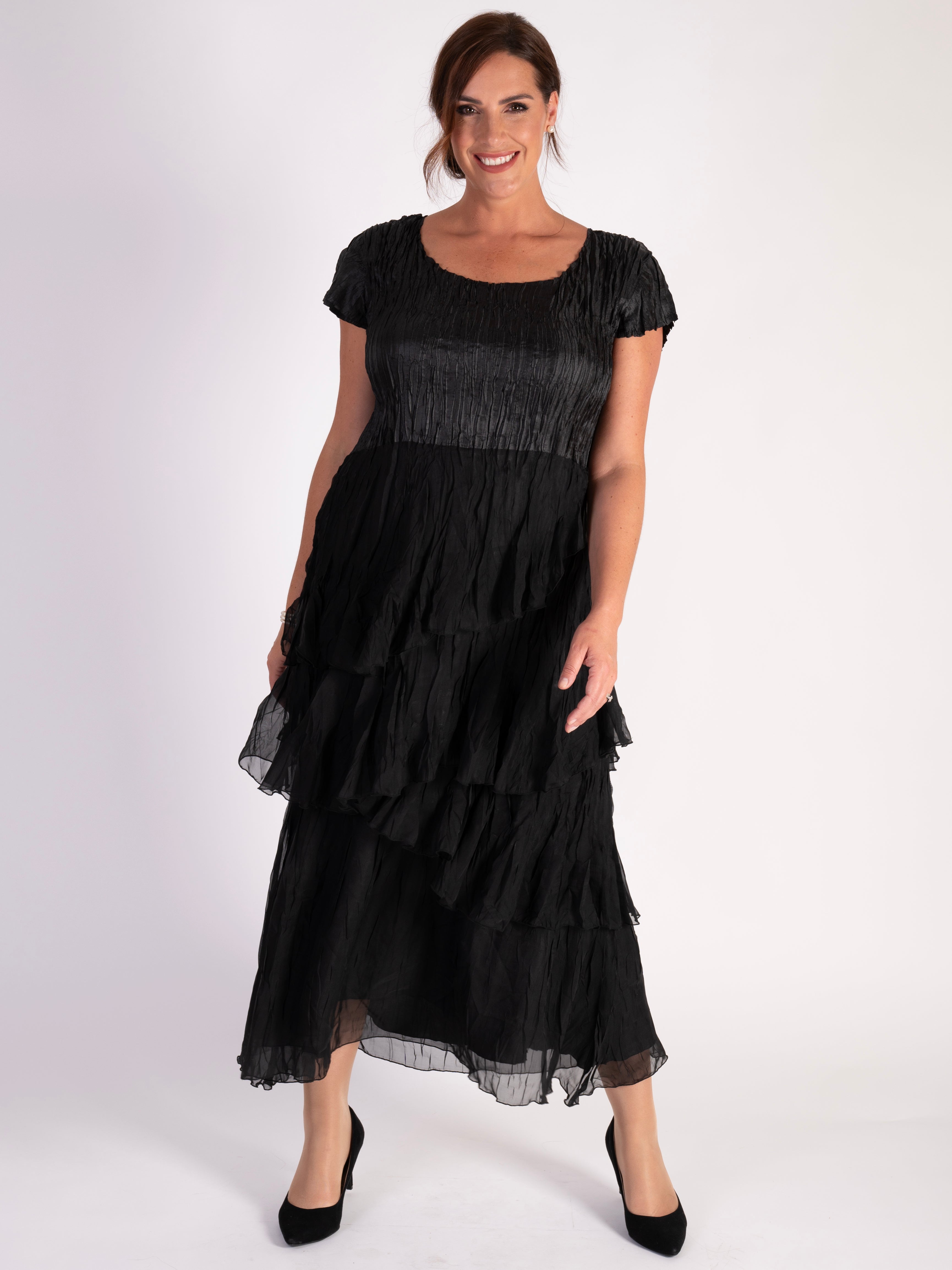 Black Crush Pleat Satin & Chiffon Dress