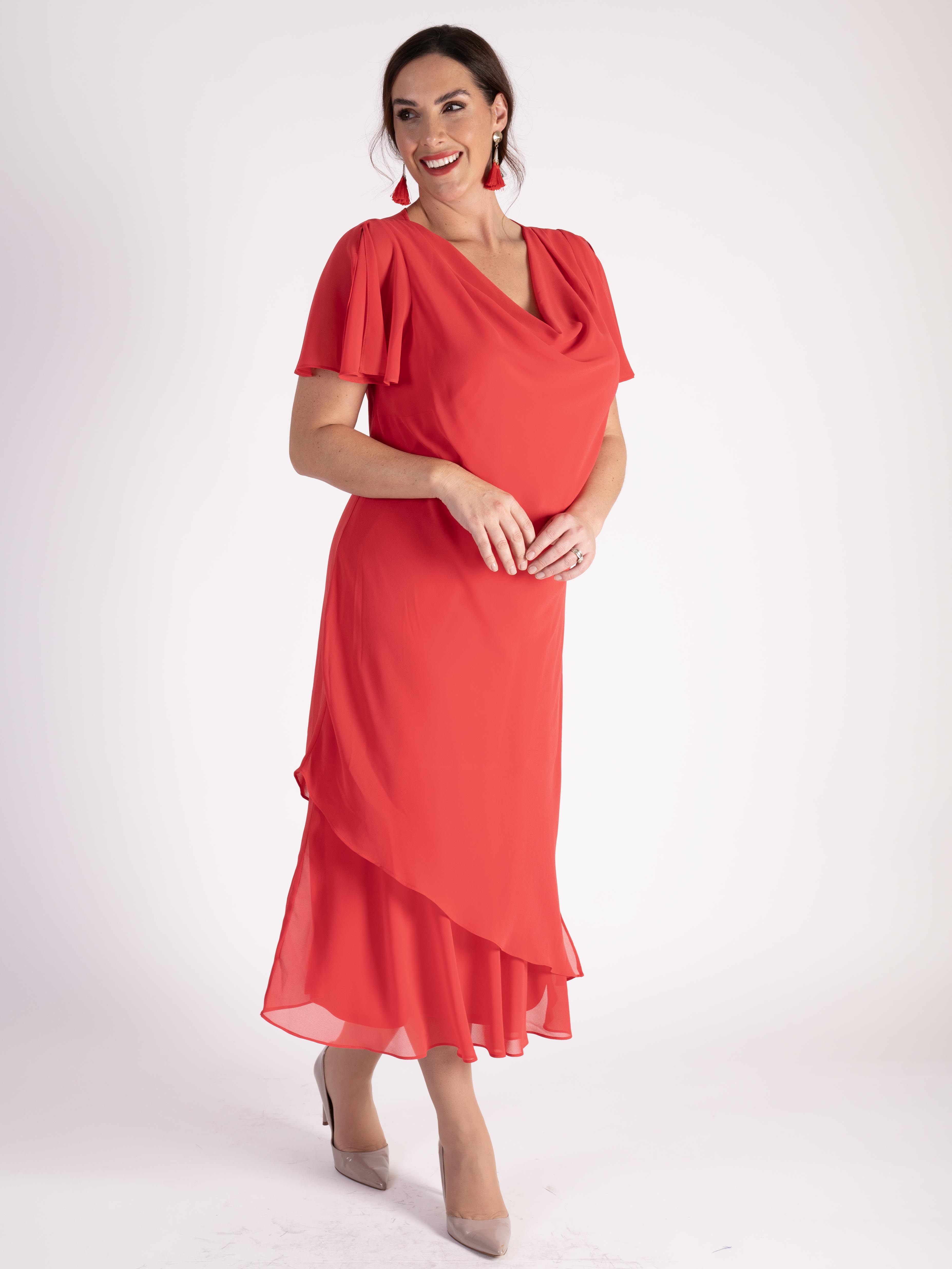 Poppy Double Layer Chiffon Cowl Neck Dress with Angel Sleeves