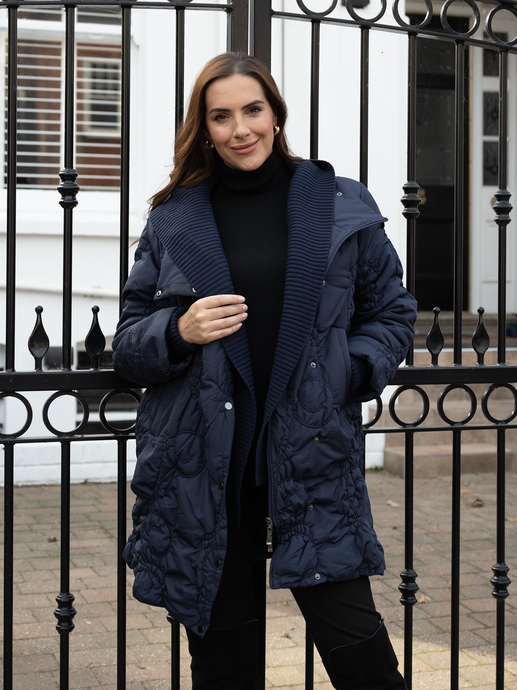 Navy Cartwheel Embroidered Quilted Coat with Knitted Collar