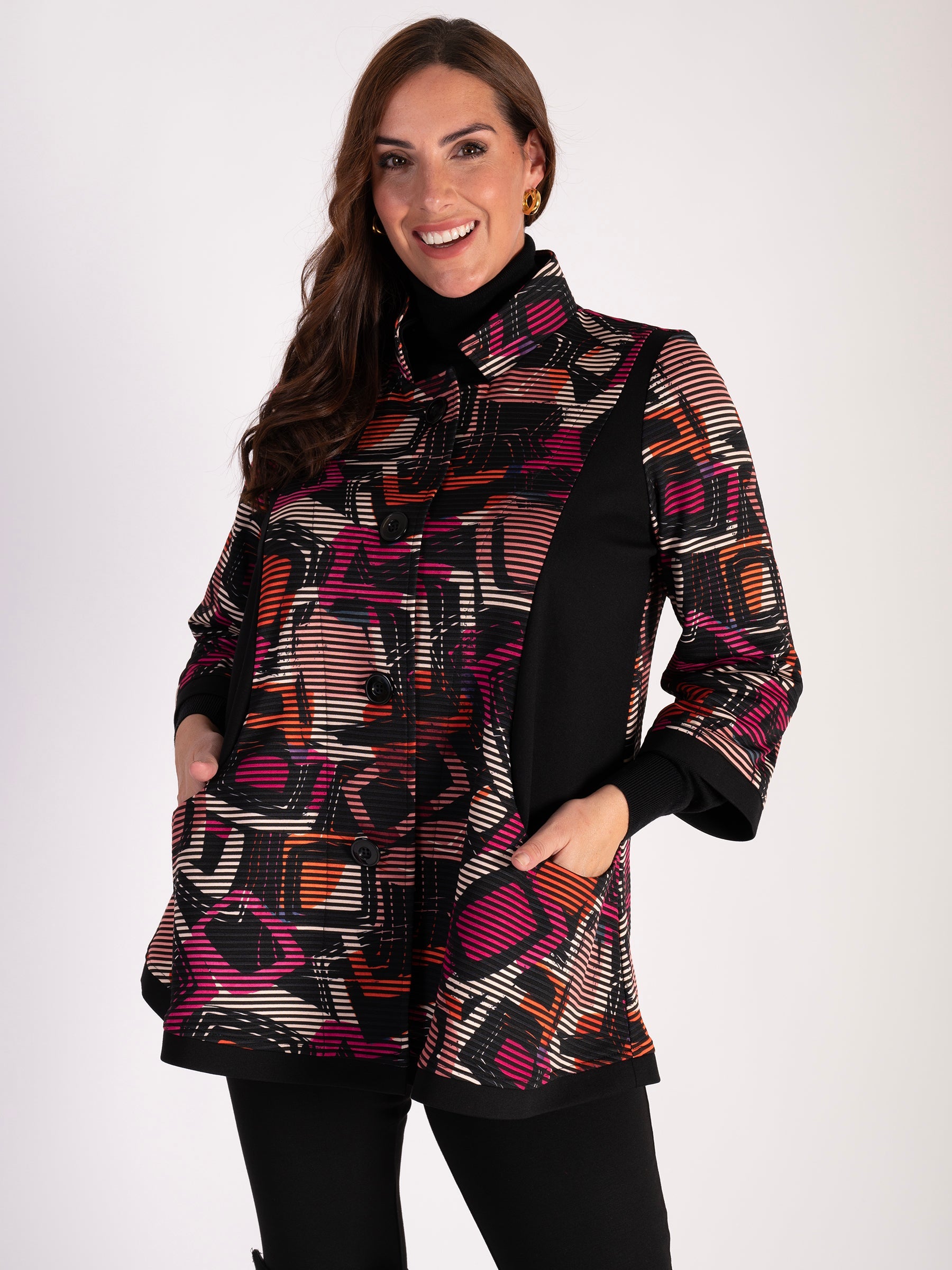 Black/Peony Abstract Print Ribbed Jersey Jacket