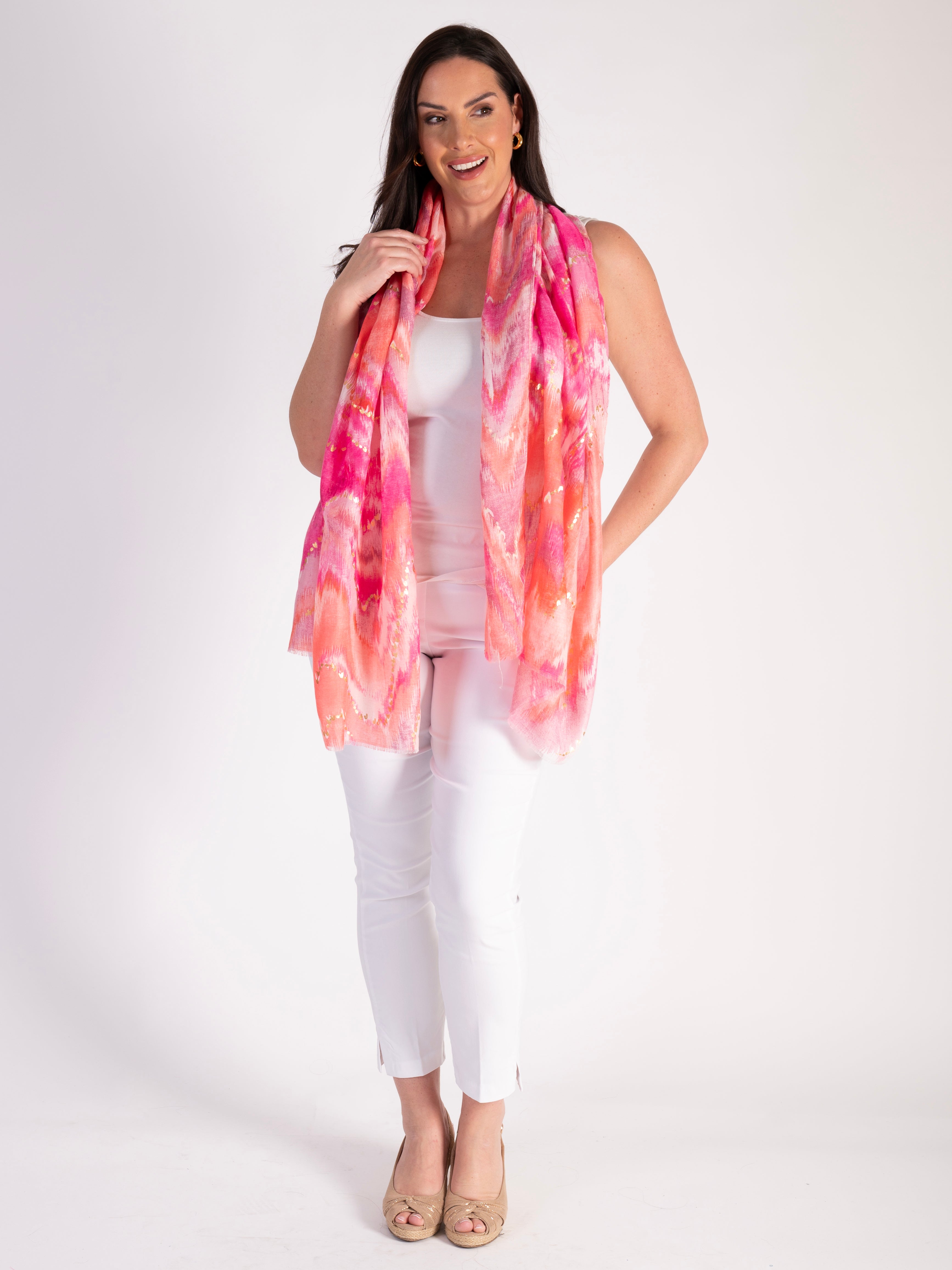 Pink/Multi Ombre Wave Print Watercolour Scarf with Gold Foil Metallic Highlights