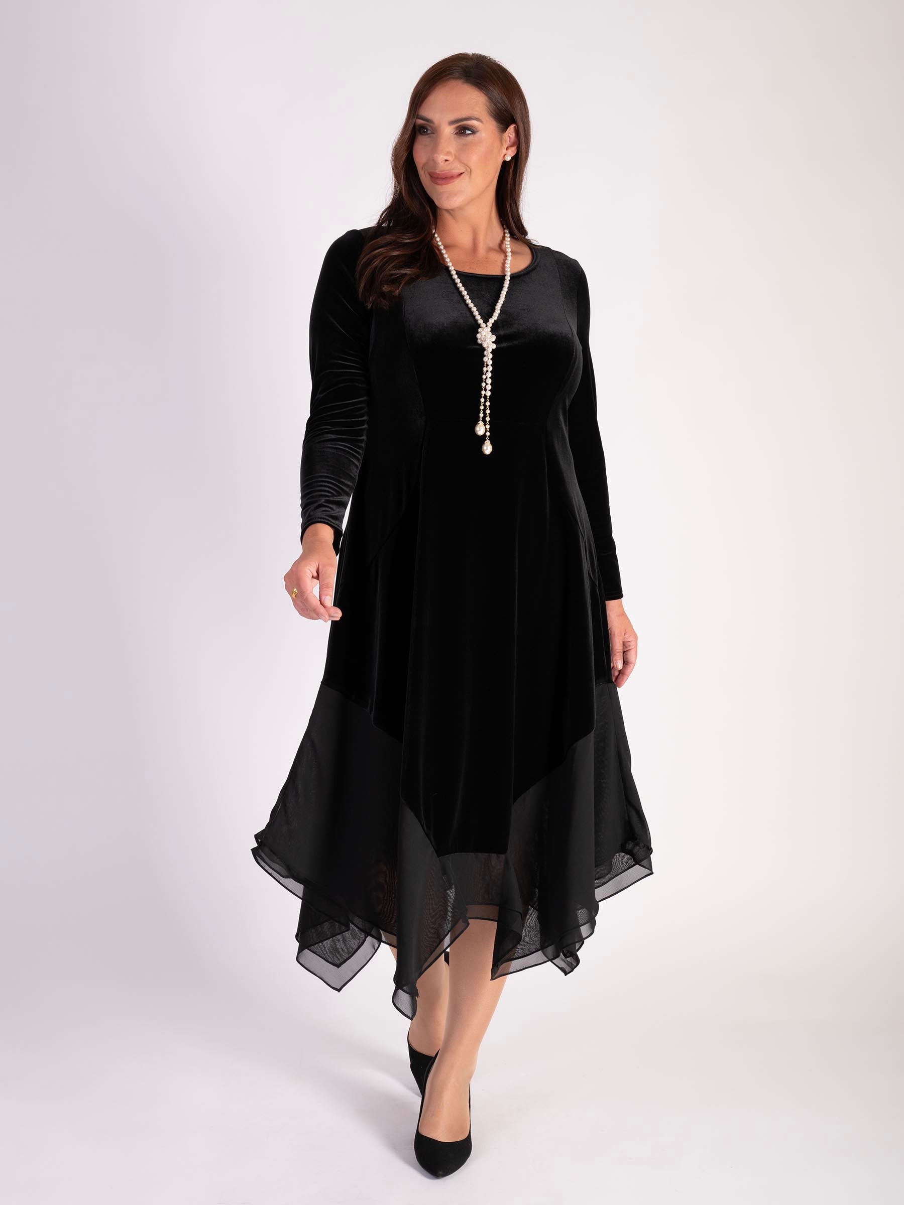 Black Stretch Velvet Drape Dress with Chiffon Trim