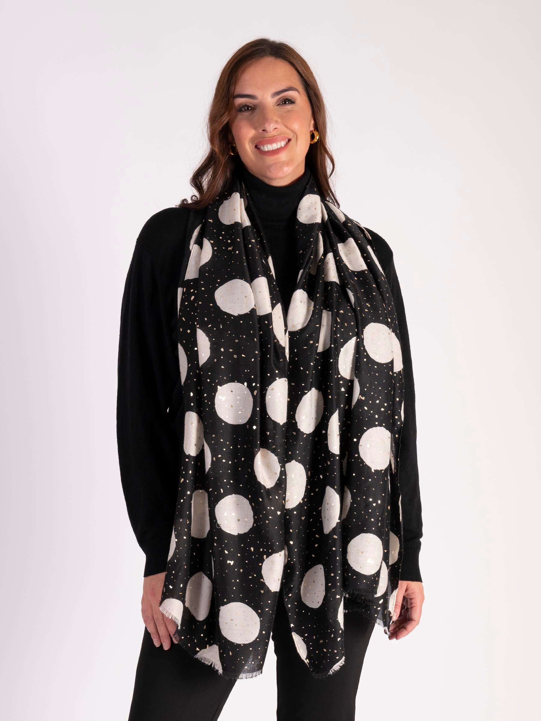Black/Gold Large Spot Printed Scarf with Gold Speckles