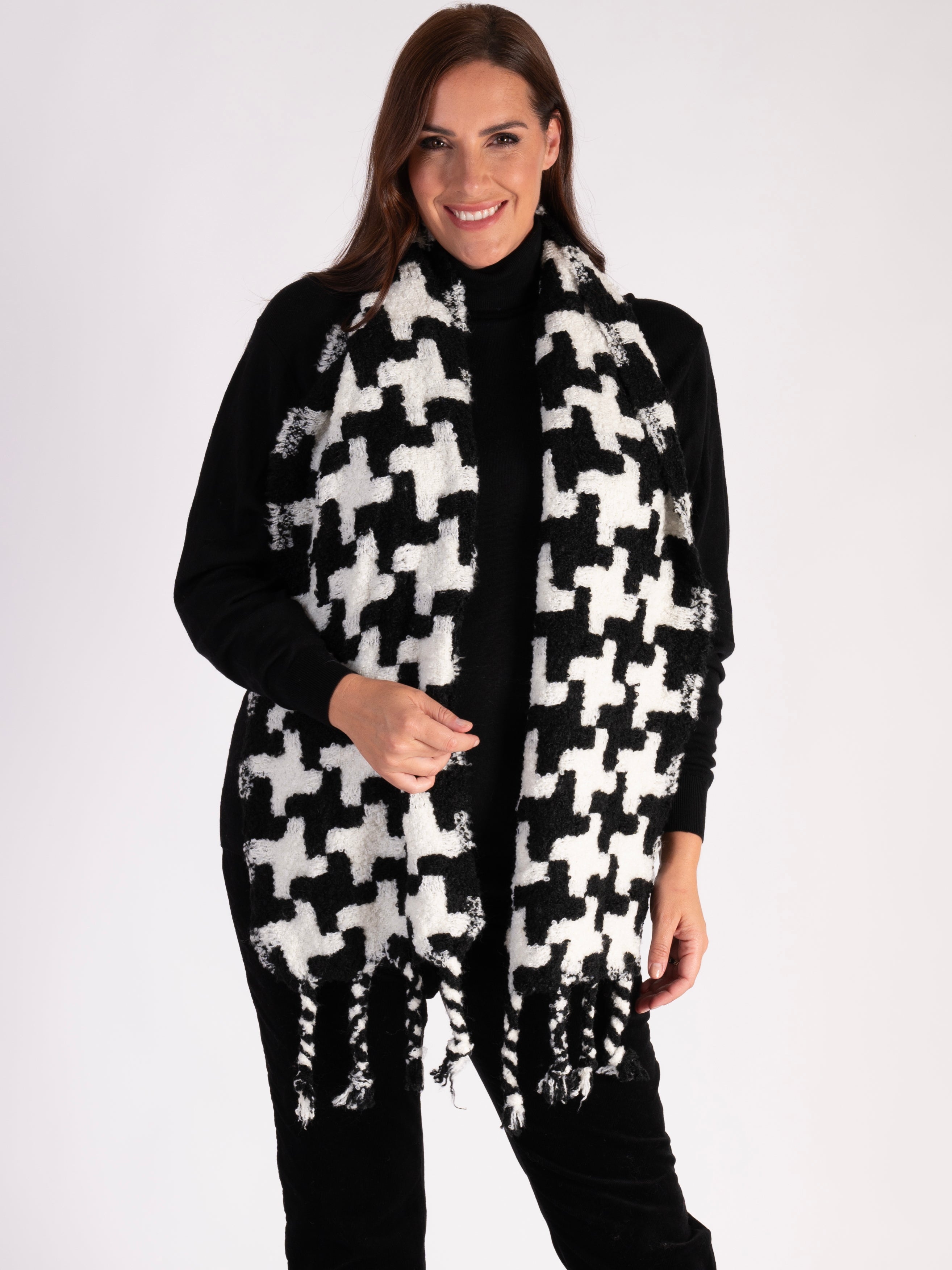 Black & White Monochrome Pattern Winter Scarf with fringing