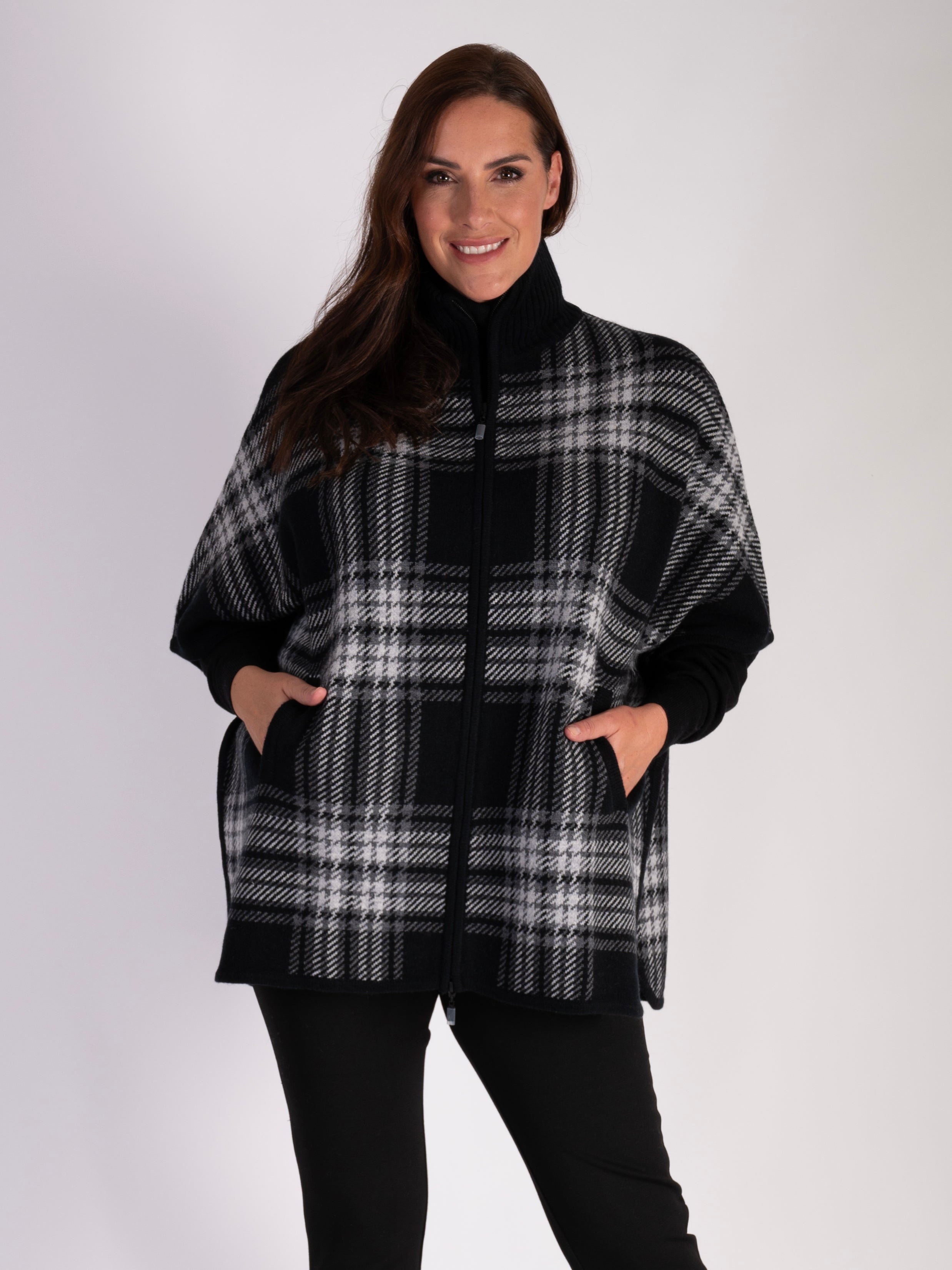 Black/White Wool/Cashmere Check Zip Poncho