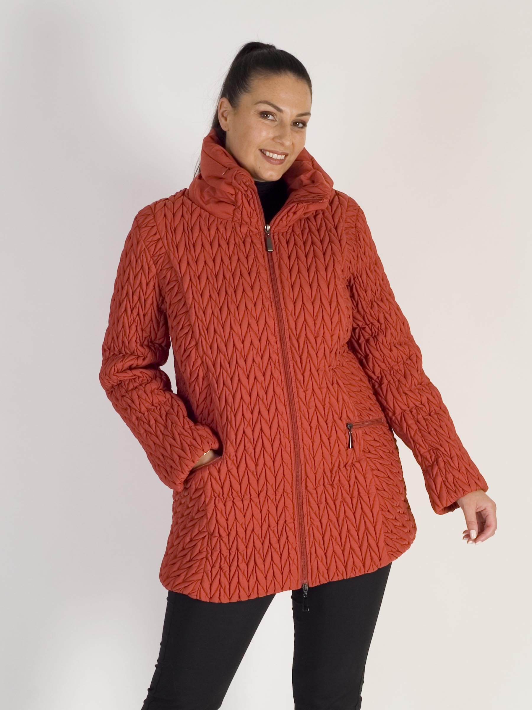 Burnt Orange Cable Embroidered Quilted Coat