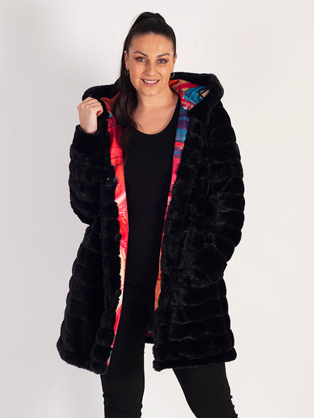 Red/Multi Abstract Print & Black Faux Fur Reversible Coat – Chesca