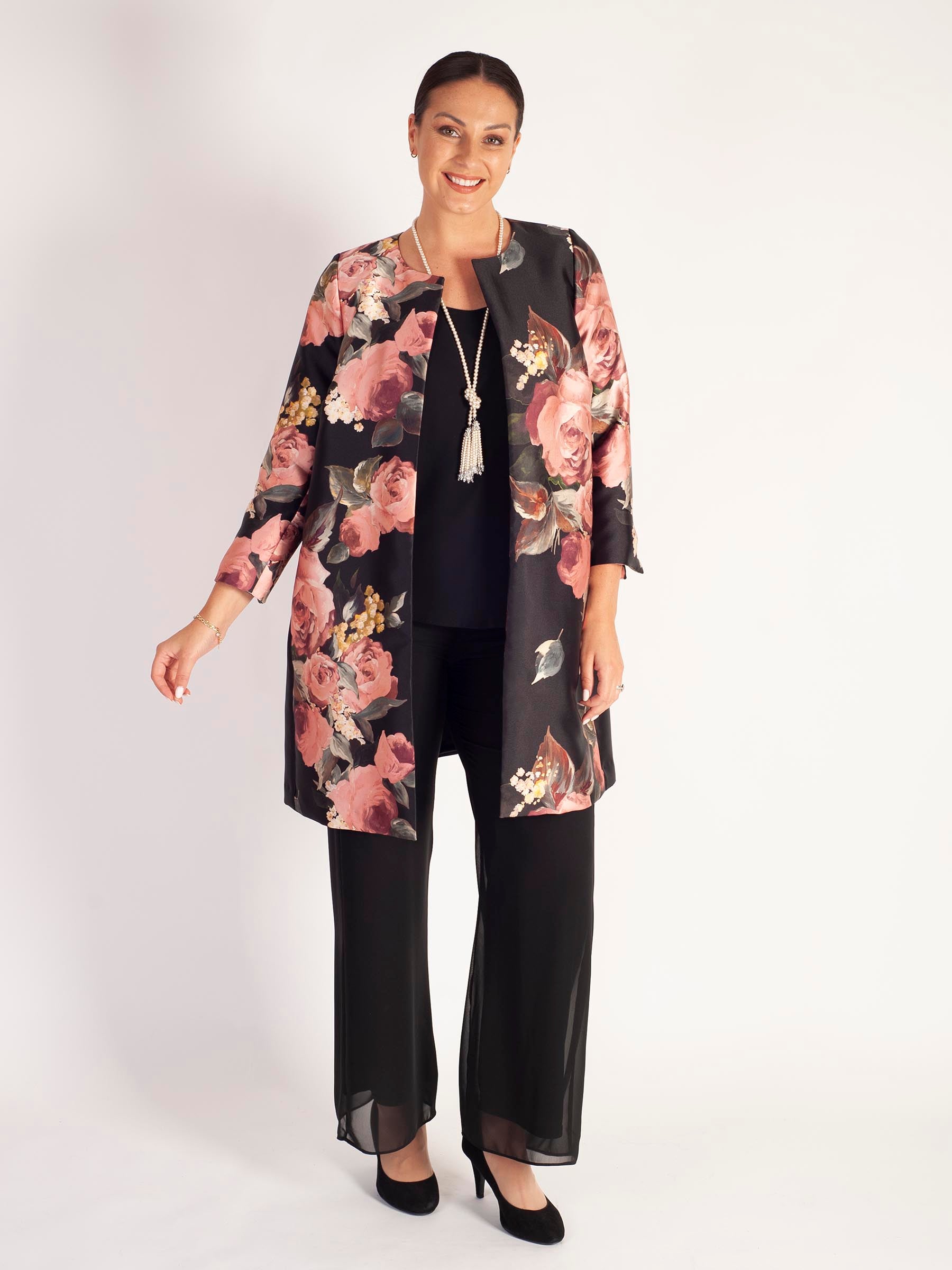 Black/Dusty Pink Floral Placement Edge to Edge Contrast Lined Satin Twill Coat