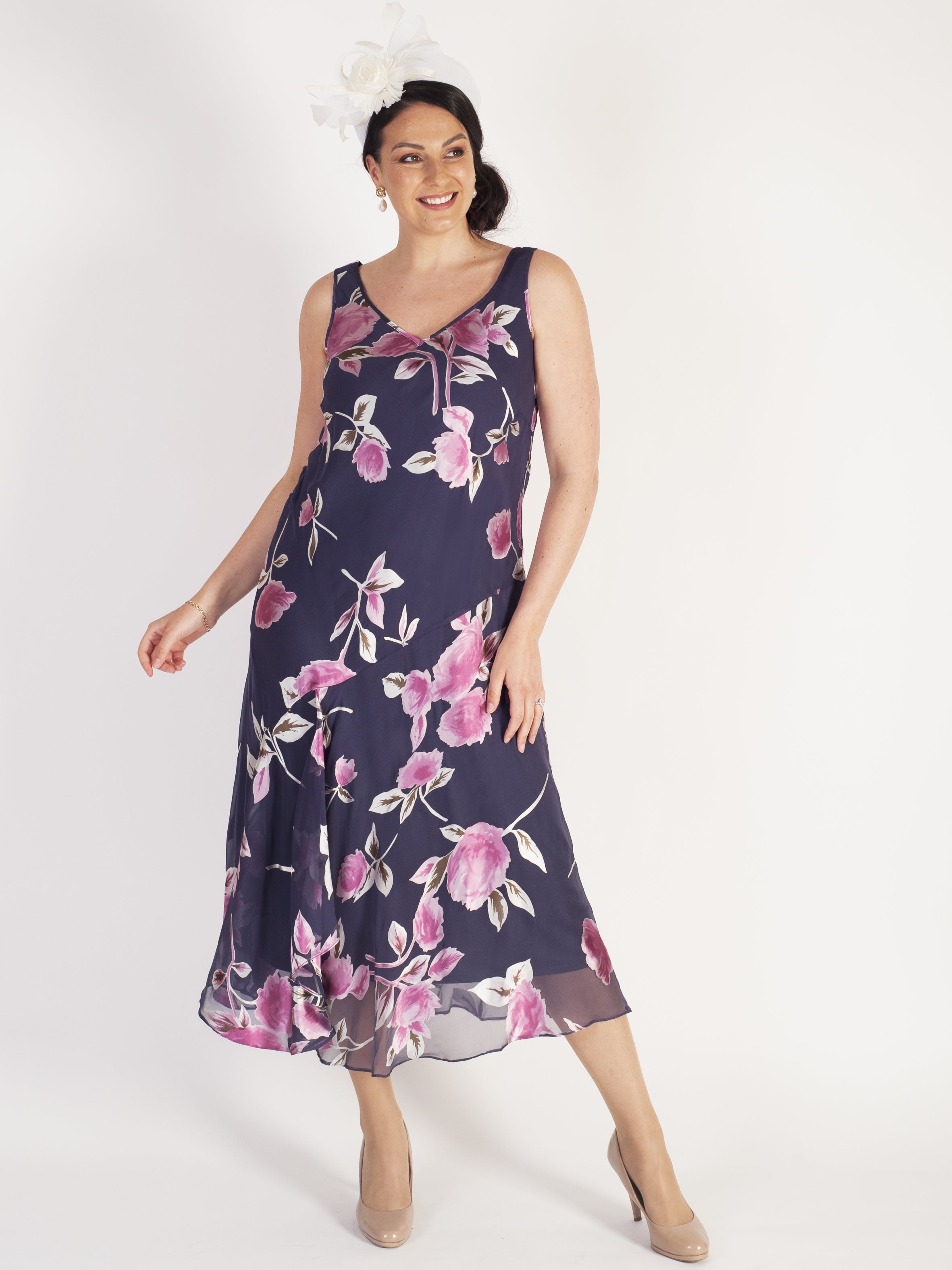 Violetta Rose Print Satin Devoree V-Neck Sleeveless Dress