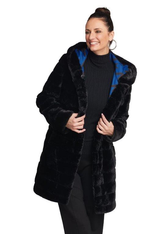 Blue Reversible Houndstooth Coat With Fur