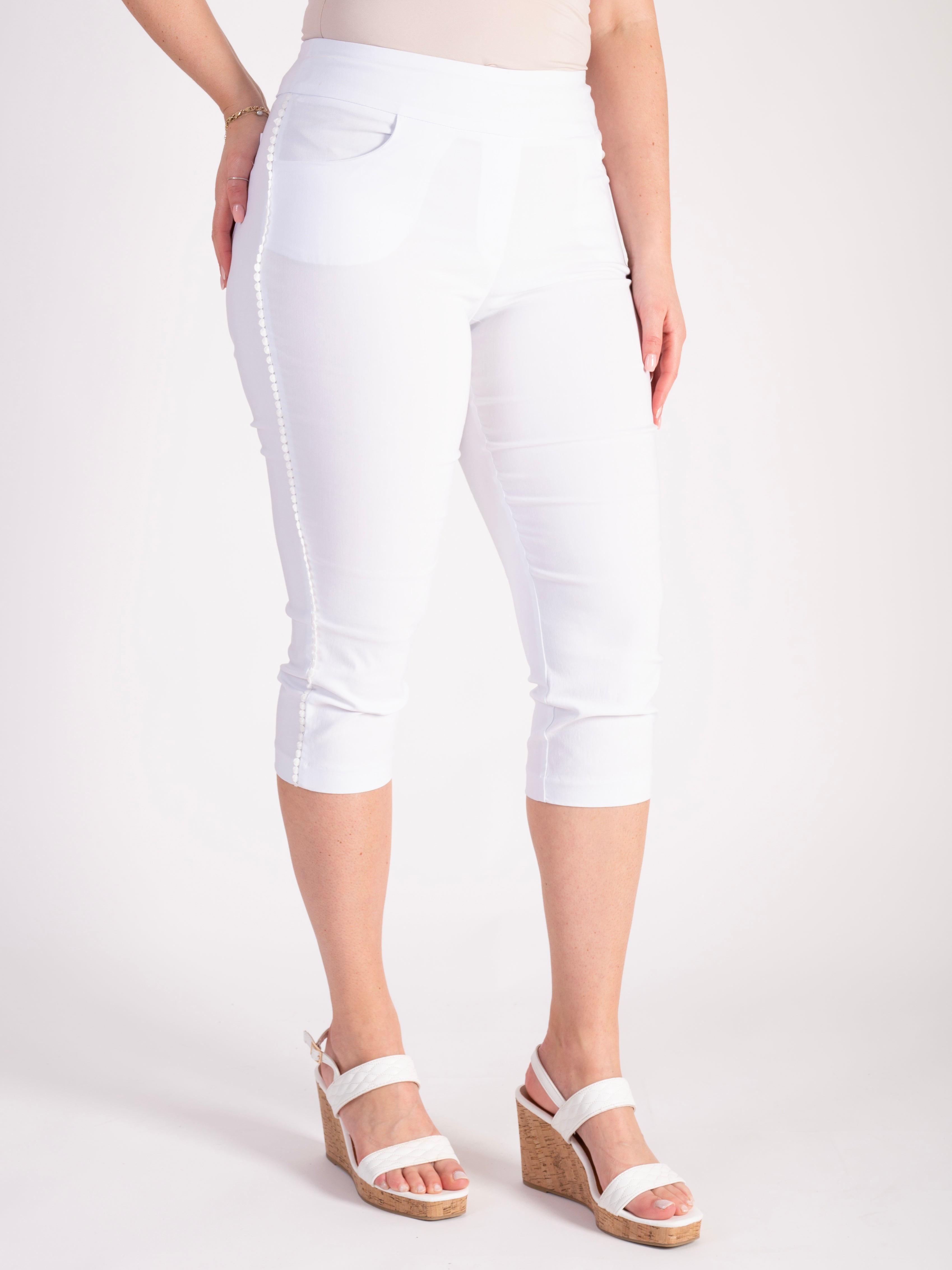 White Bengaline Capri Pants with Circle Lace Side Seam Trim