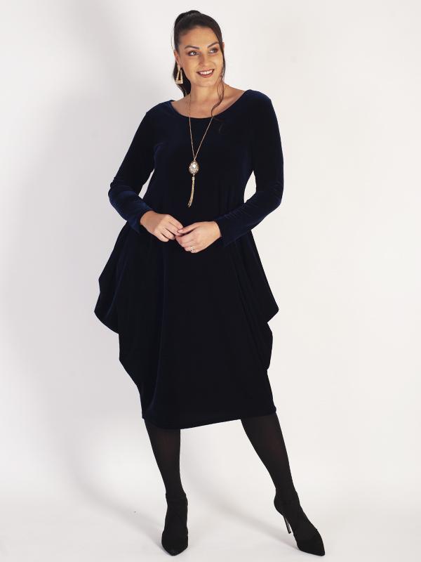 Navy Stretch Velvet Drape Dress with Pockets